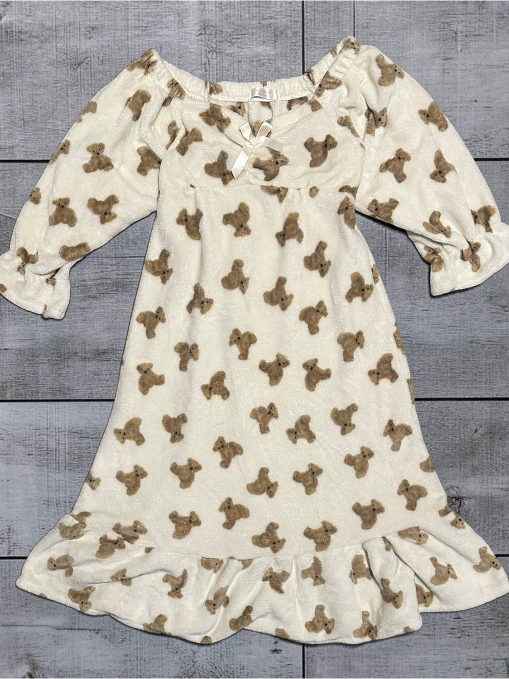 Pajamas Girl Women’s Korean Teddy Bear Plush Fleece Nightgown Cream One Size